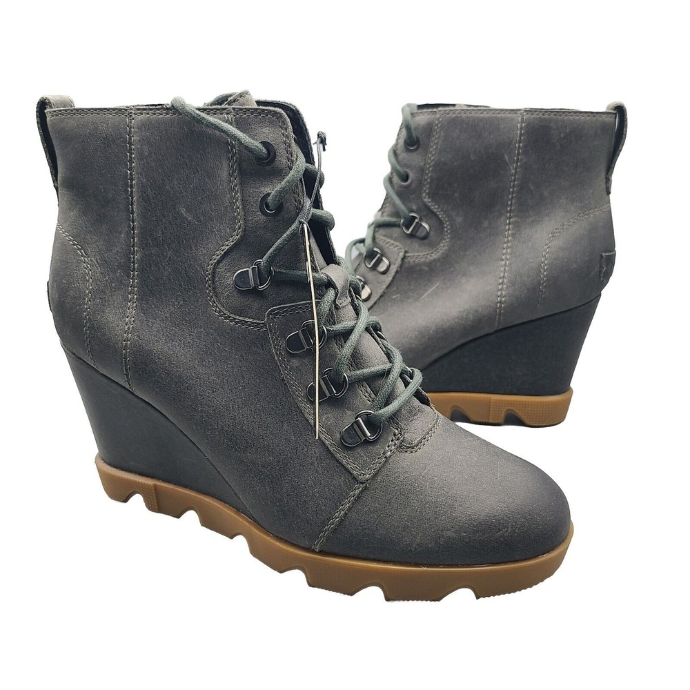 Sorel  women boots Joan Uptown Lace zipper Leather Quarry Gray wedge Sz 10.5 new